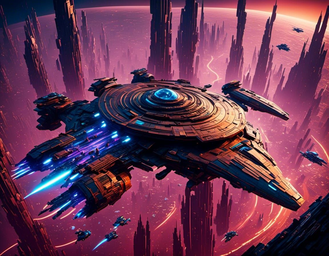 Futuristic Capital Ship Launches Fighters in Sci-Fi Style