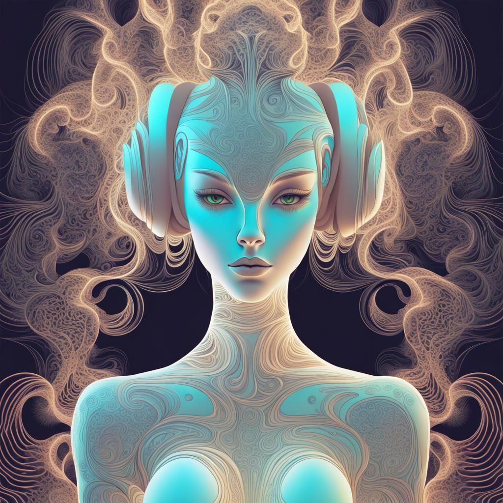 Glowing Alien Girl Illustration with Abstract Elements
