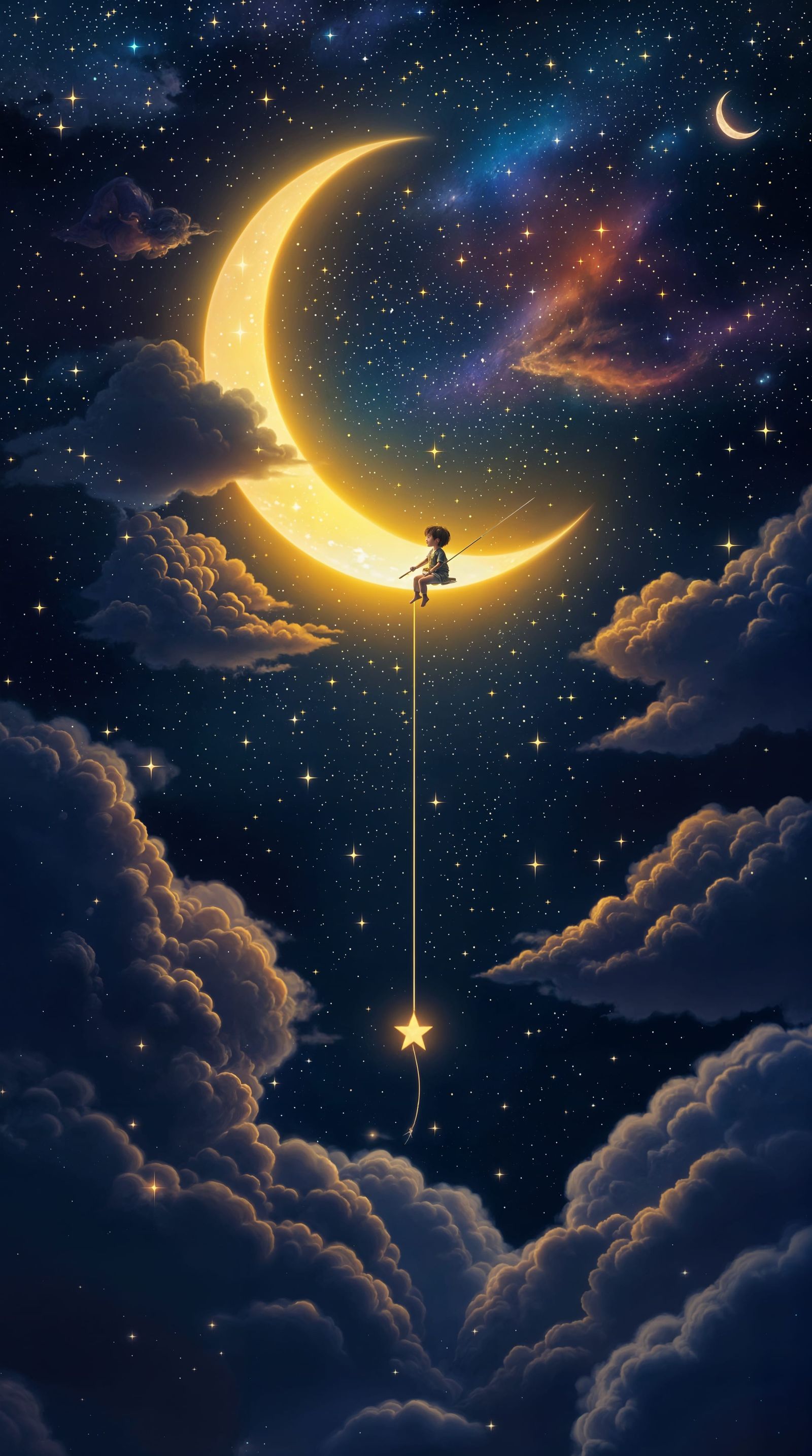 Whimsical Moonlit Fishing Scene in Digital Fantasy Style