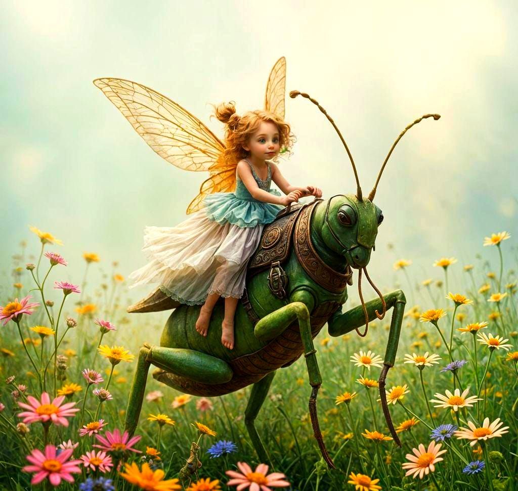 Fairy Riding a Grasshopper in Whimsical Scene