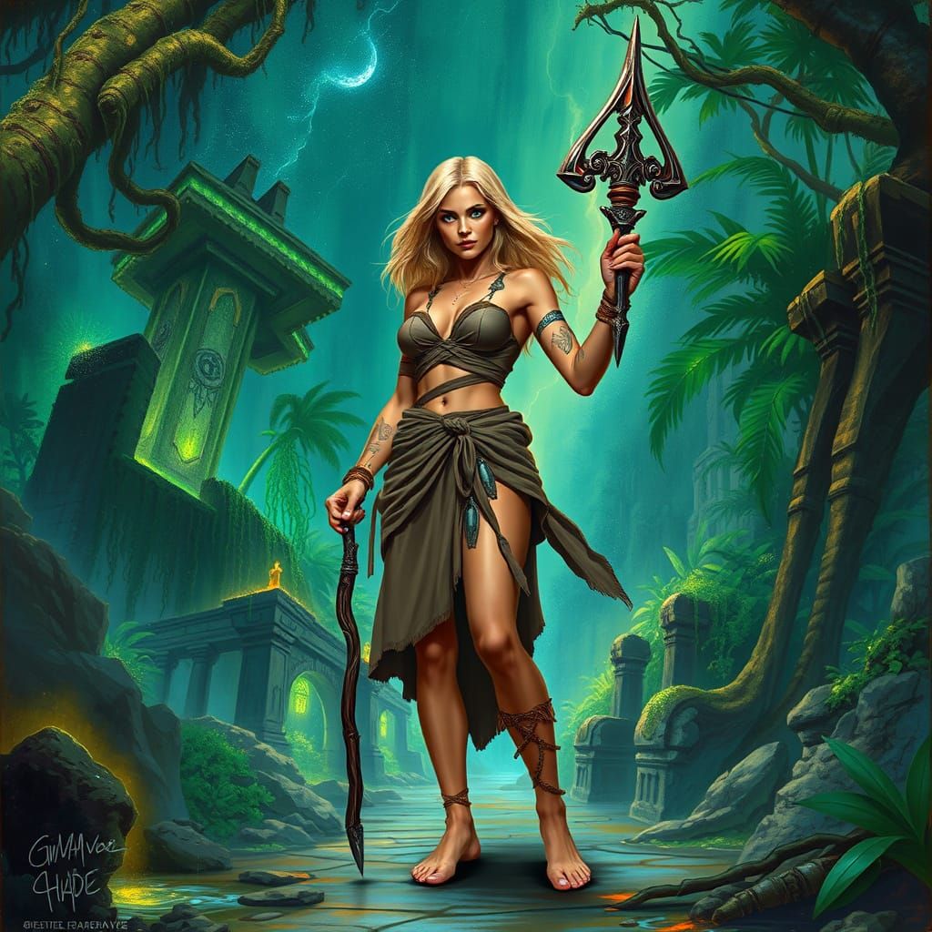 Warrior-Seer in Bioluminescent Jungle Art