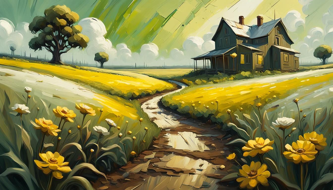 Farm on Plains: Palette Knife Oil Painting