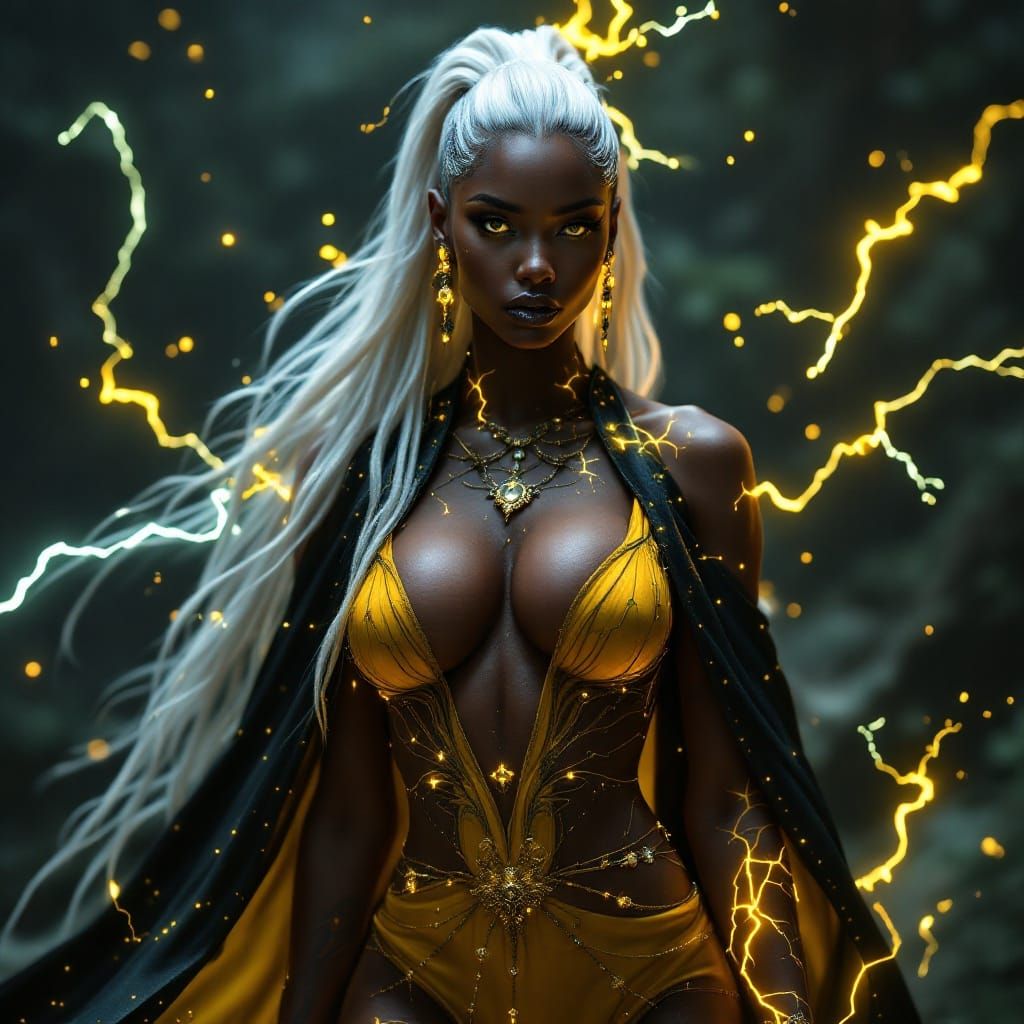 Ethereal Nubian Storm Goddess in Majestic Gothic Splendor