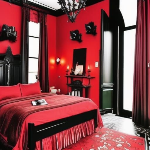 Dark fantasy penthouse with red walls with Black accents& Black Gothic windows with Red Gothic curtains& Black Gothic fu...