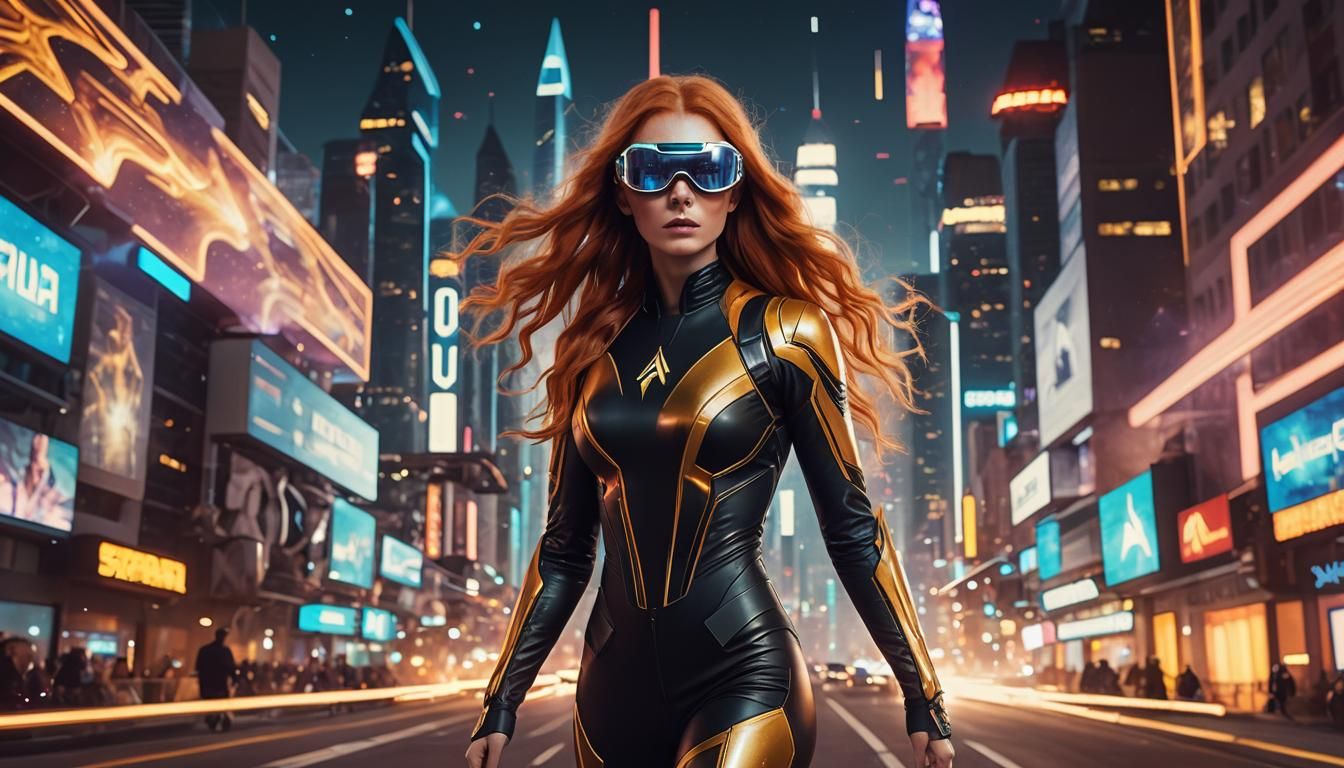 Retrofuturistic Girl in Cyberpunk Cityscape