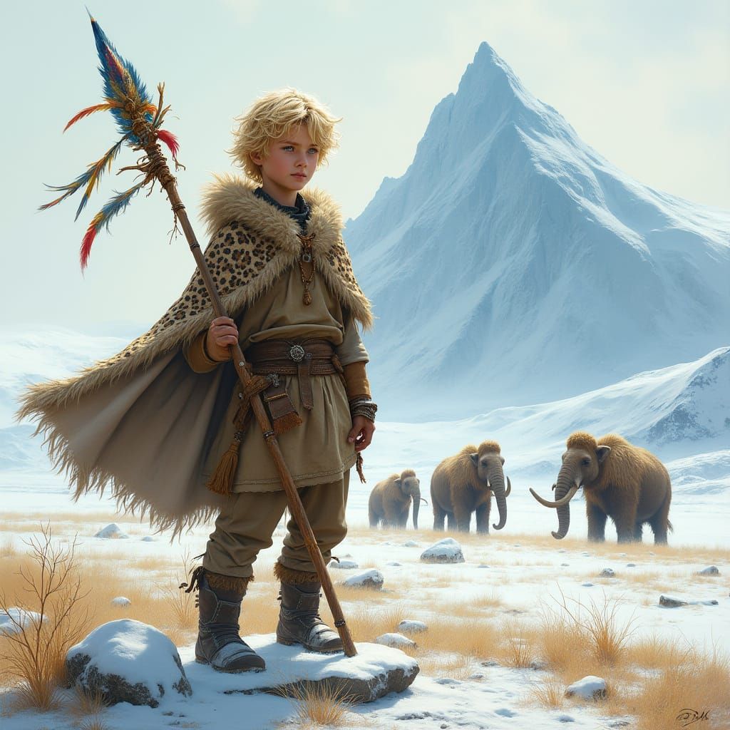 Confident Boy in Leopard Skin Cape, Standing on Polar Steppe
