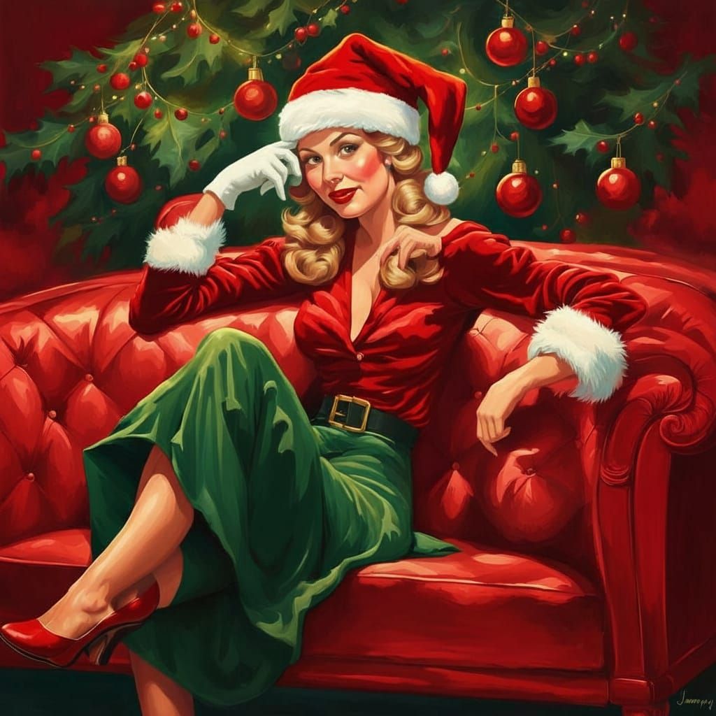 Retro Pin-Up Santa in Oil Painting Style