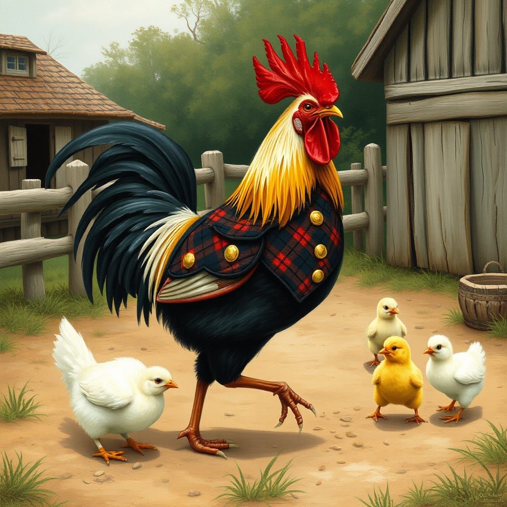 Rooster in Tartan Vest in Barnyard Scene