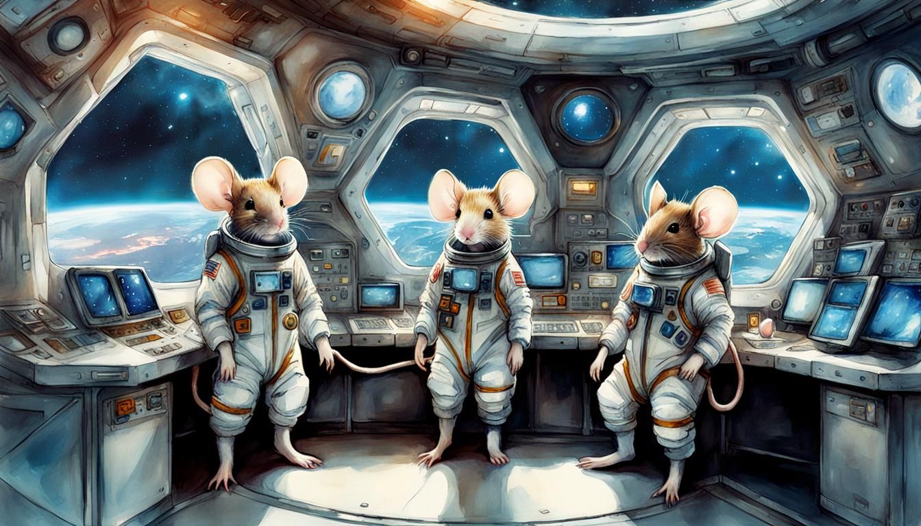 Mice Astronauts on a Starship, Watercolor Illustration