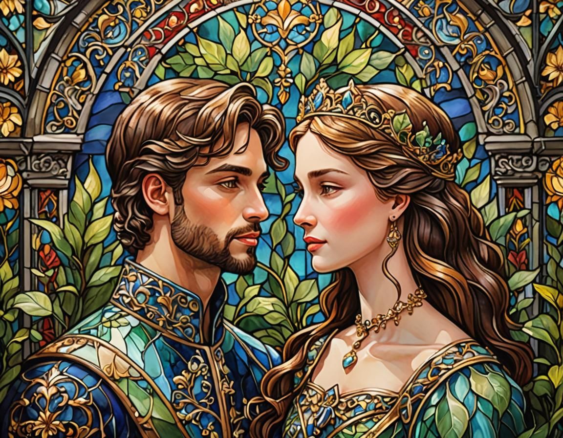 Romantic Stained Glass Art of Embracing Royals