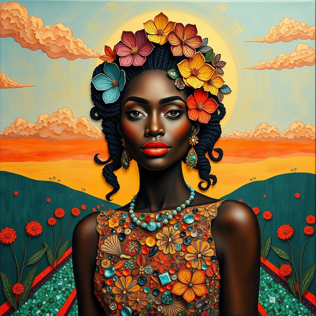 Mixed Media Portrait of a Regal Black Woman in Vibrant Bloom