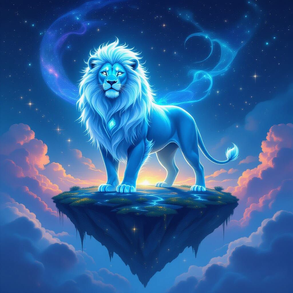 Bioluminescent Lion on Floating Island in Art Nouveau Style