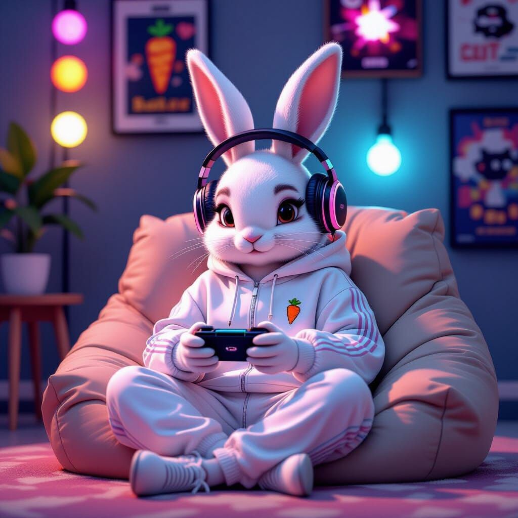 Stylish Rabbit Gamer in Pastel Tracksuit