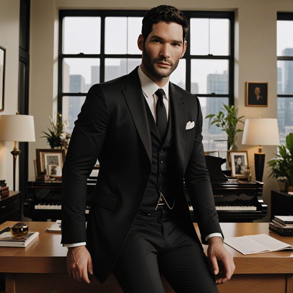 Tom Ellis as Lucifer Morningstar in black Burberry suit jacket, a white cotton button-up shirt from Grafton, and a pair ...