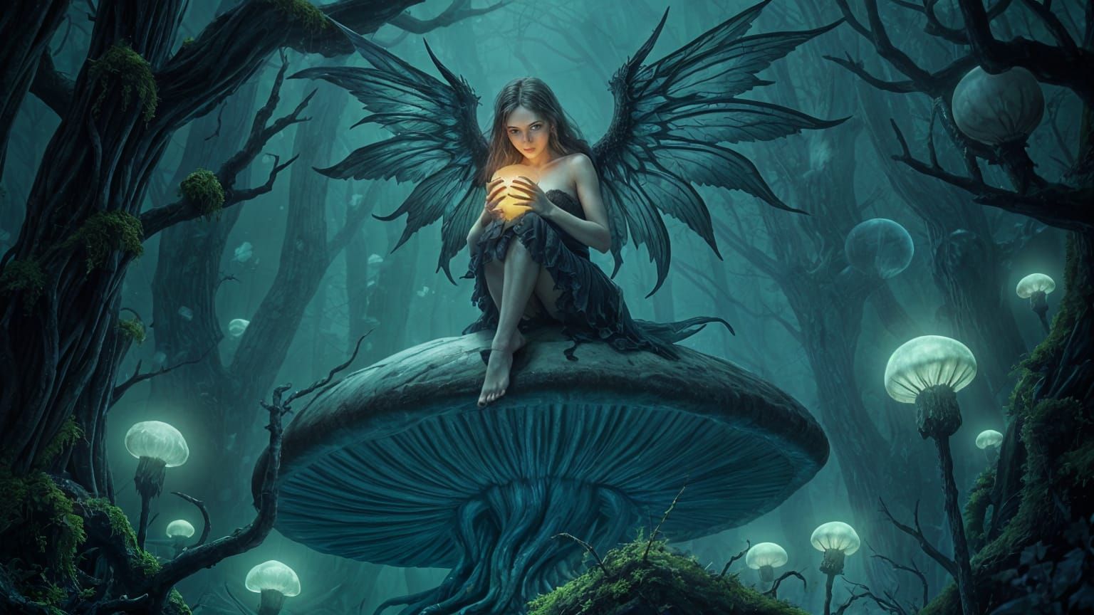 Goth Fantasy Angel in Haunting Bioluminescent Forest