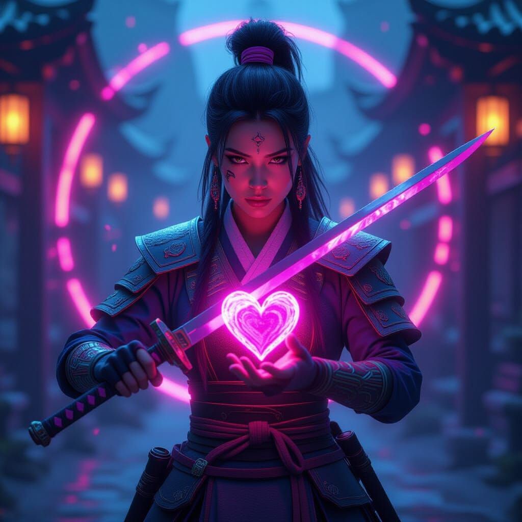 Mystical Warrior Boosting Defense in Neon Environment