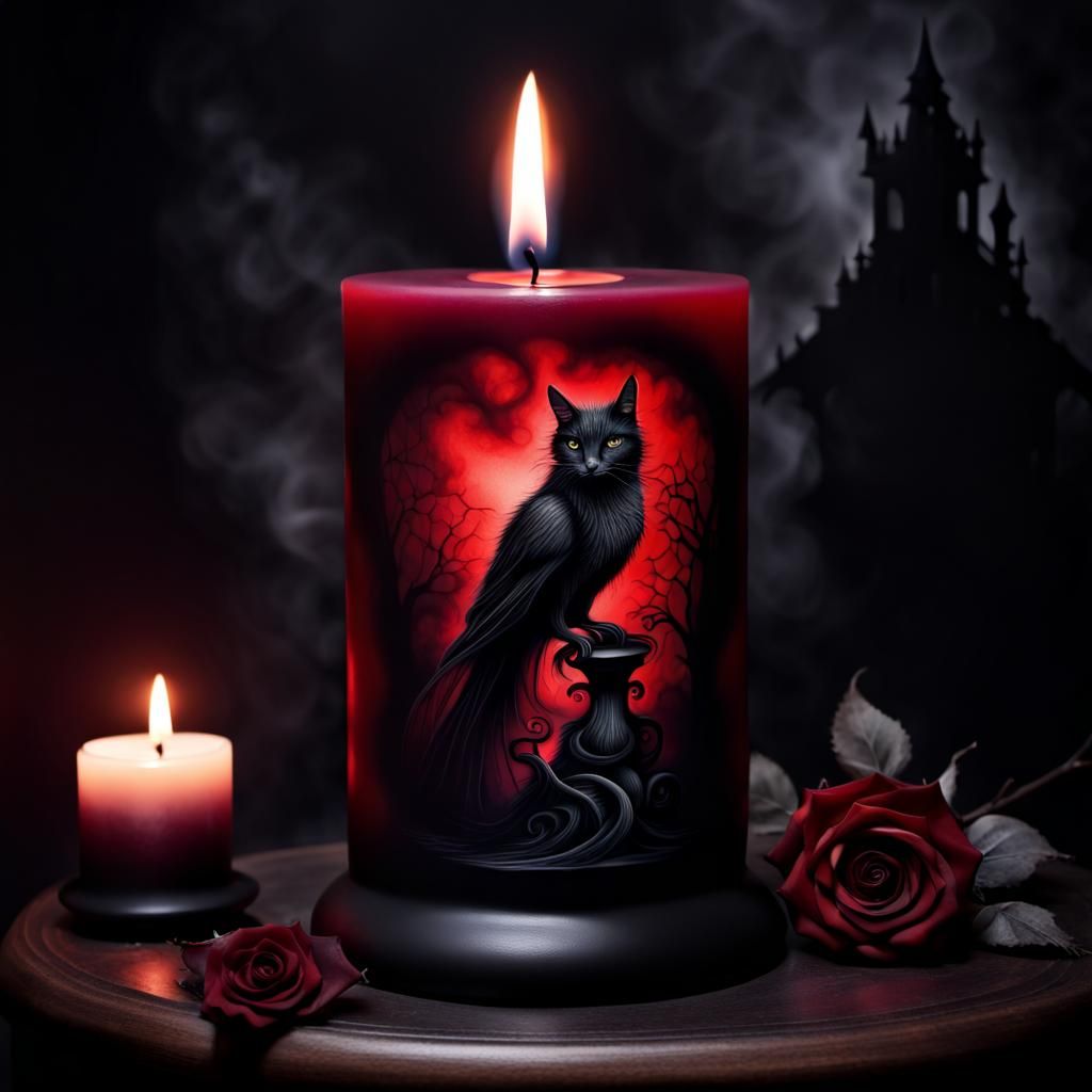 Gothic Black-Flame Candle with Rose in Ink Art