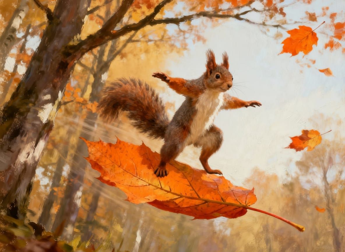 Squirrel Balancing on Falling Leaf in Autumn Forest