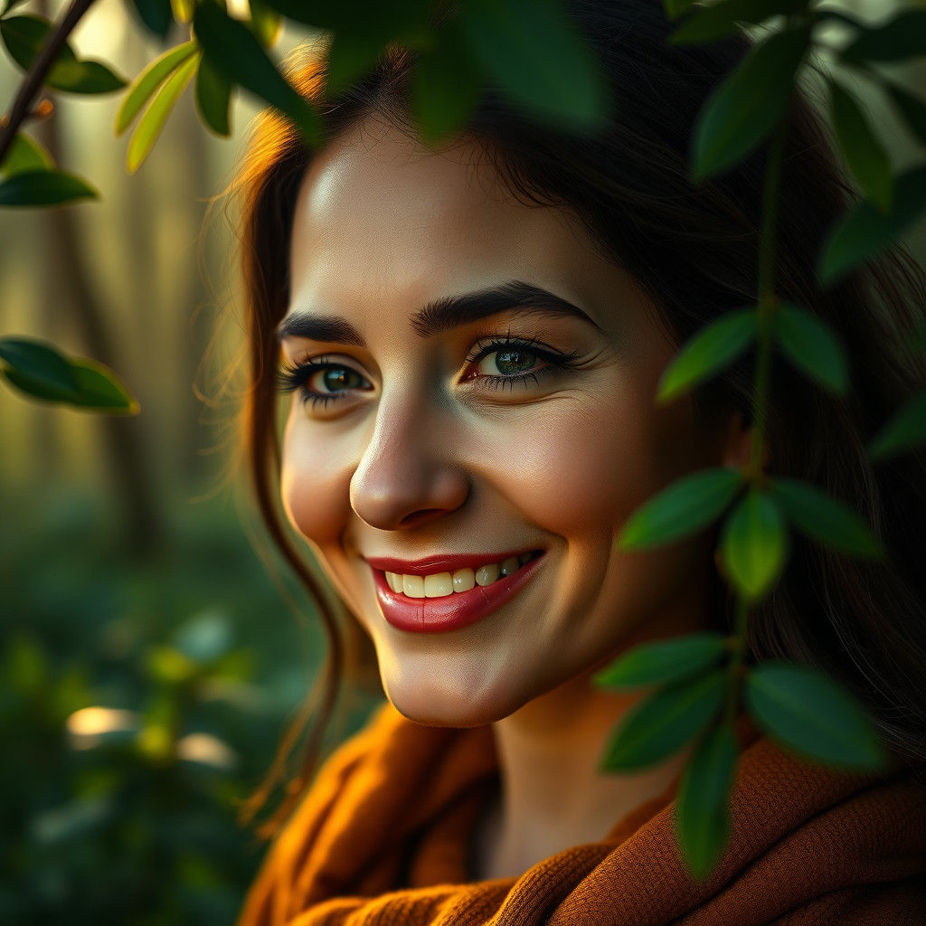 Serene Woman in Misty Forest, Hyperrealistic Detail