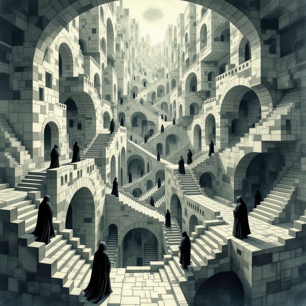 Surreal Cityscape with Impossible Geometry and Hooded Figure...