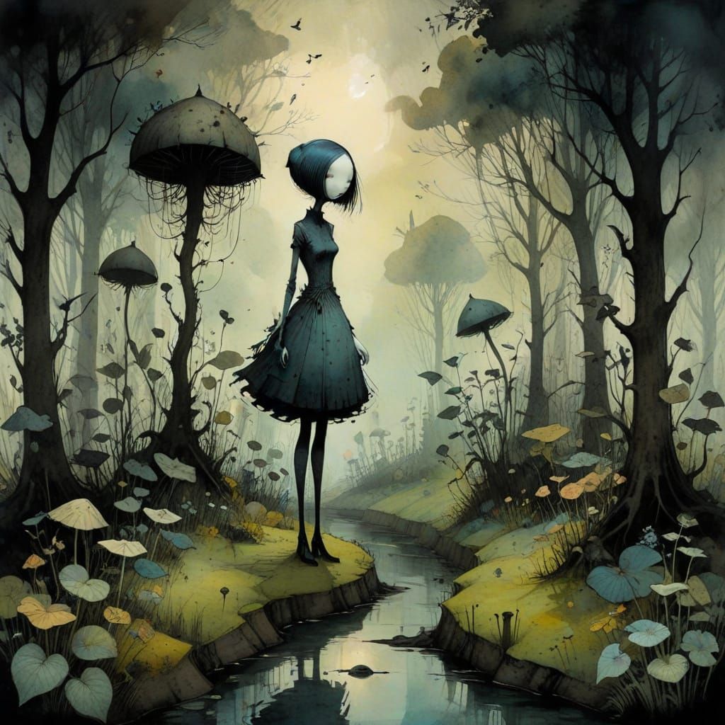 Surreal Whimsical Wanderer in a Creepy Garden