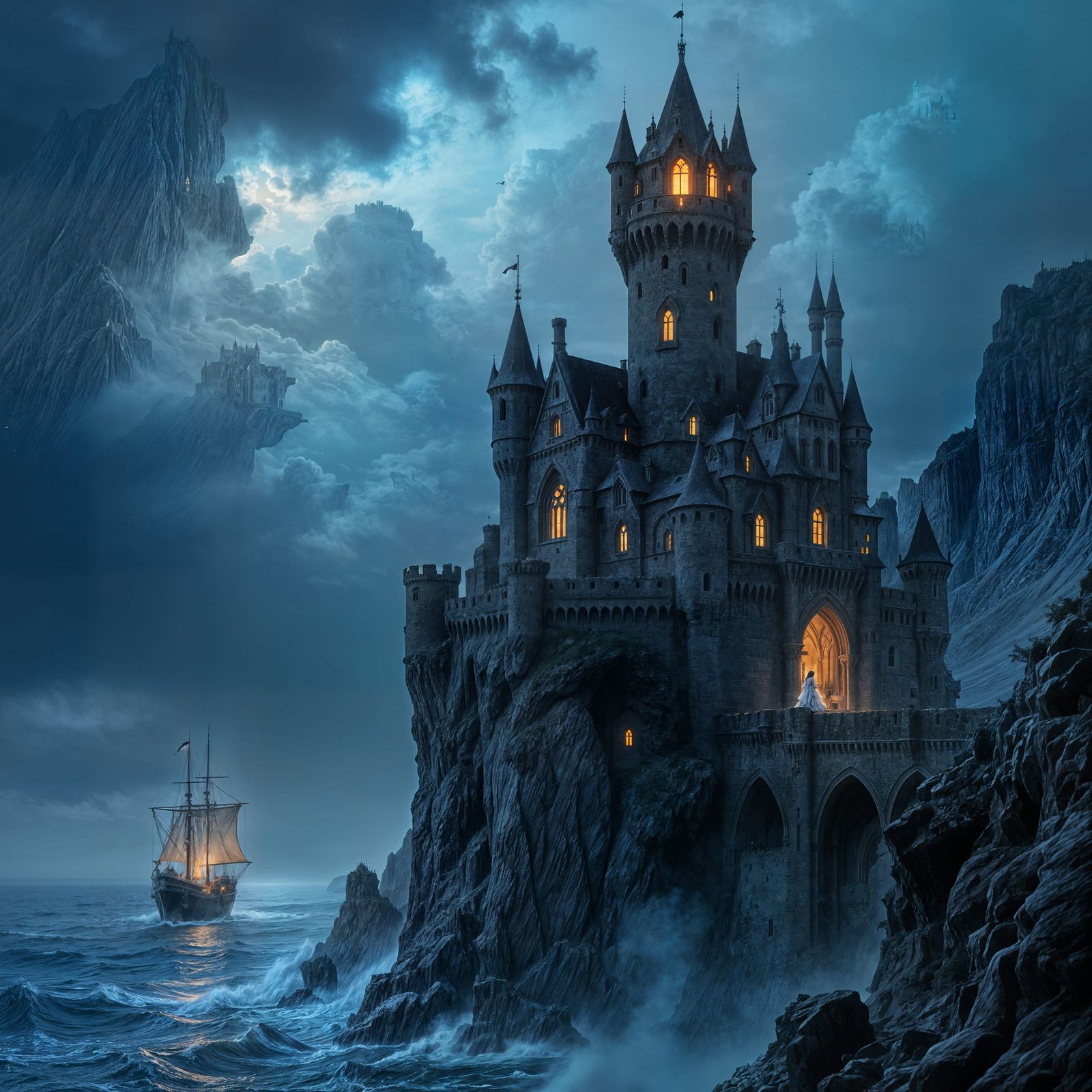 Gothic Castle Overlooking Stormy Seas with Glowing Tower Lig...