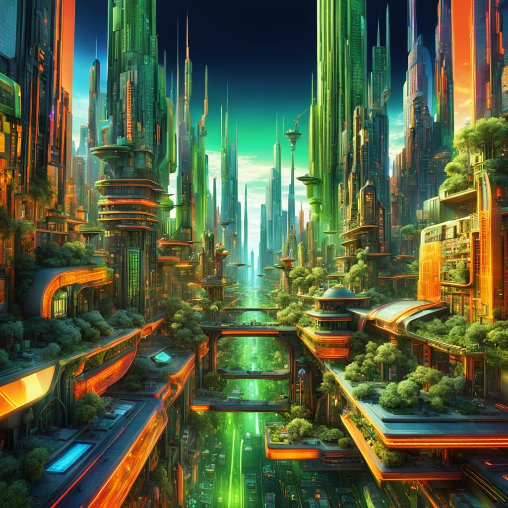 Vibrant Neon Green and Orange Future City