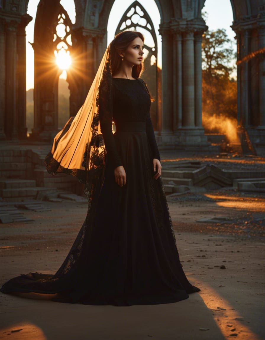 Cinematic Bride in Black Dress at Sunset