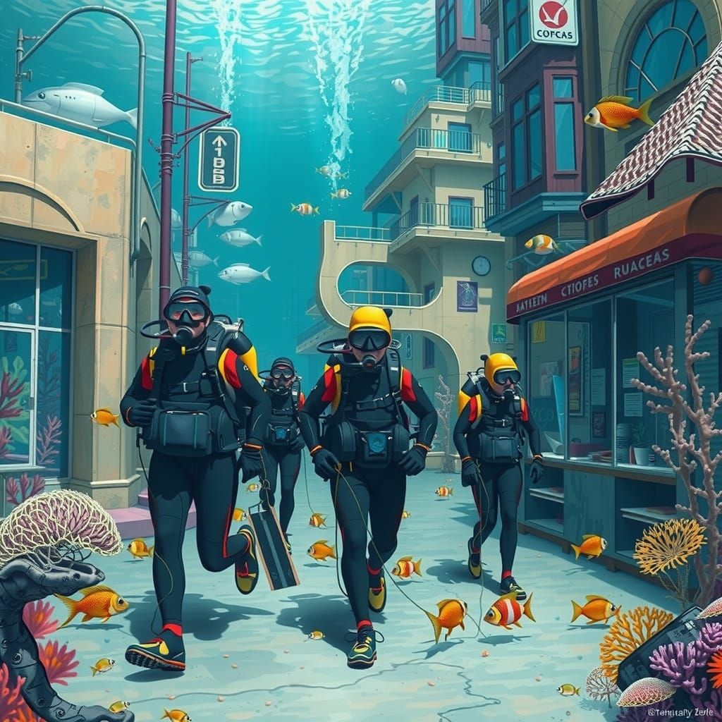 Scuba Divers Walking Fish in Undersea City