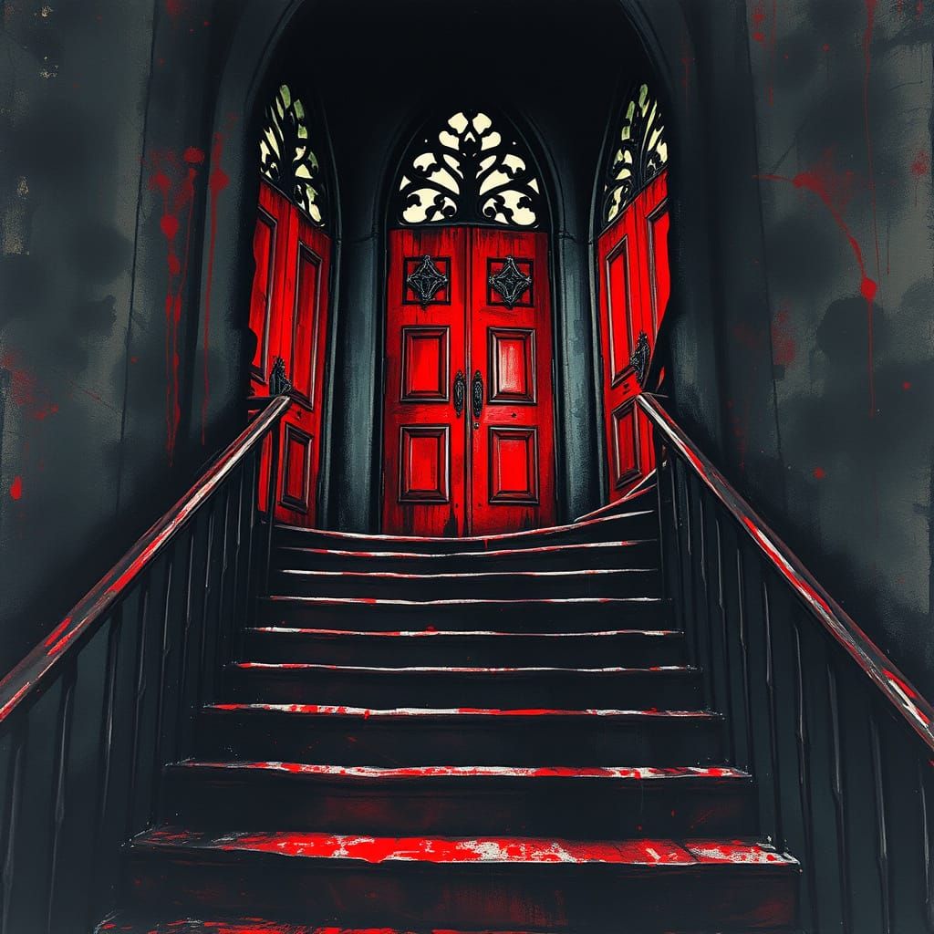 Gothic Staircase to Scarlet Doors in Alcohol Ink Style