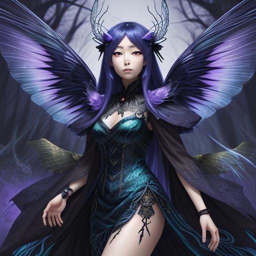 Feminine Moth with Delicate Wings in Dark Anime Style