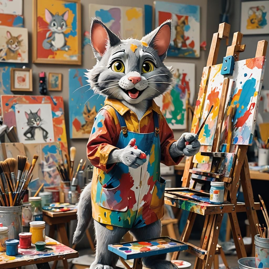 Tom and Jerry Painting a Portrait, Cartoon Style