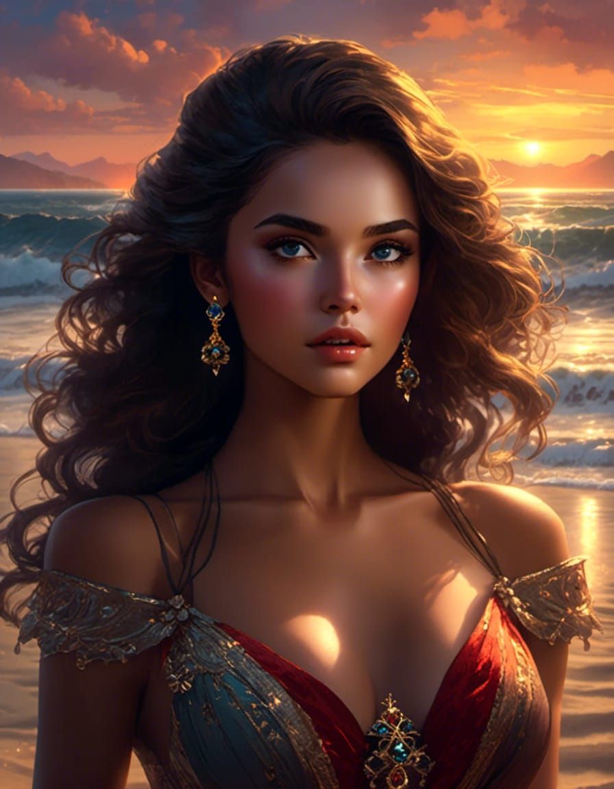 Woman at Beach Sunrise in Animation Realism Style