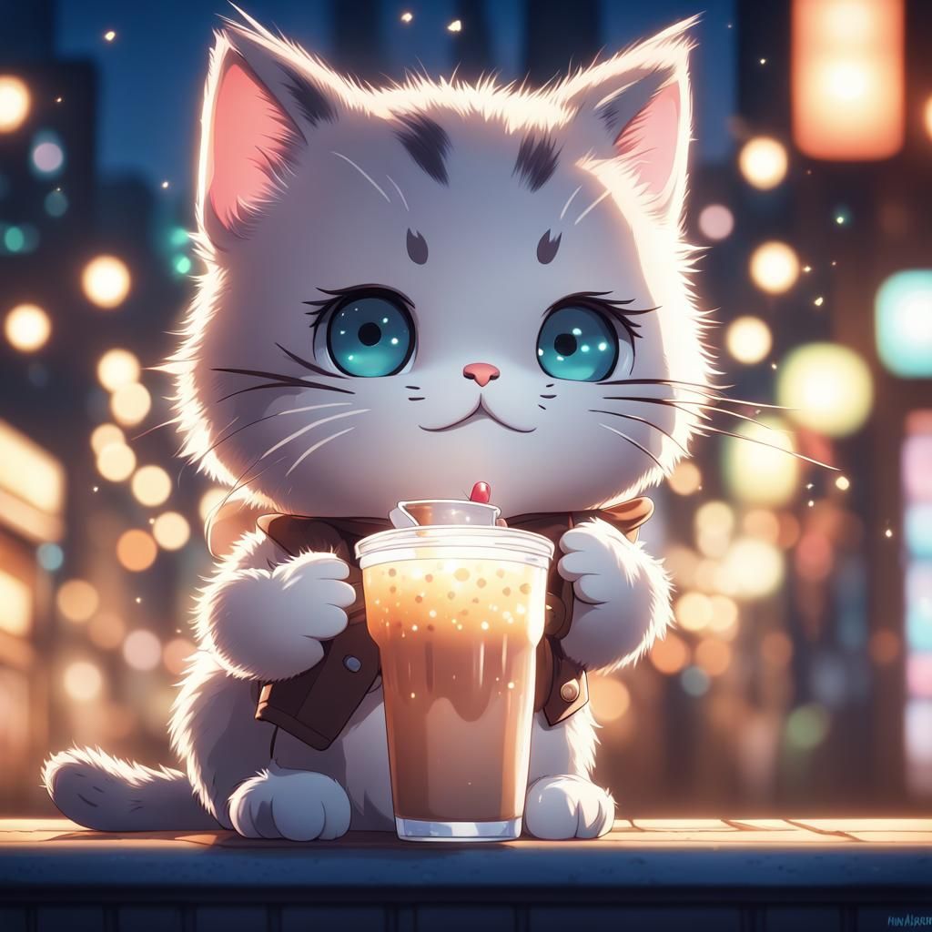 Cute Chibi Kitty Drinks Milkshake, Anime Style