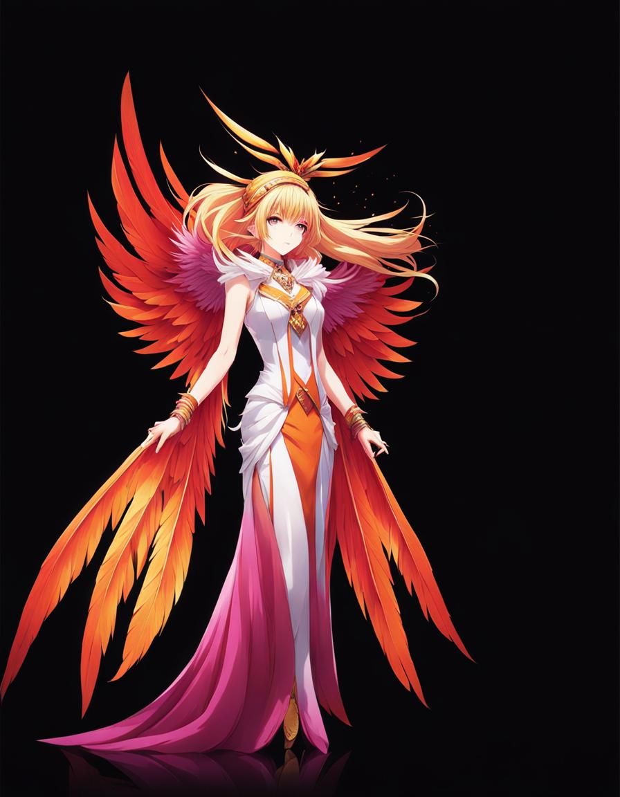 Anime Woman with Feathered Wings and Magenta Dress