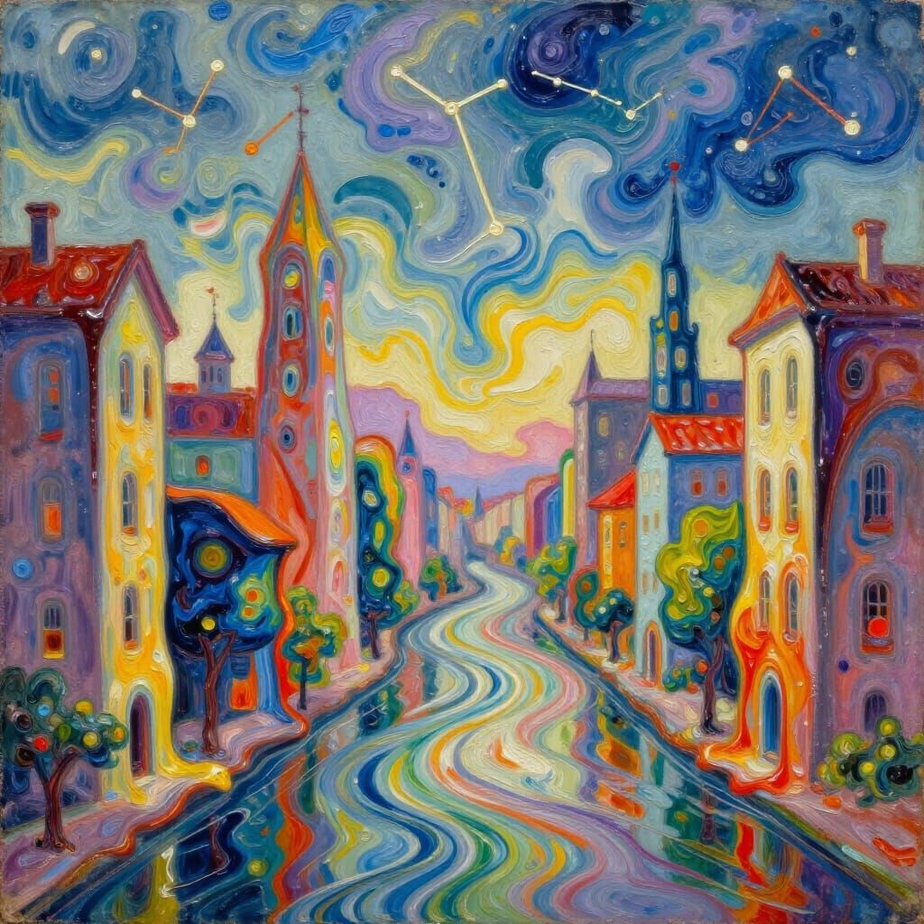 Surreal Dripping Cityscape in Impressionist Gouache Style