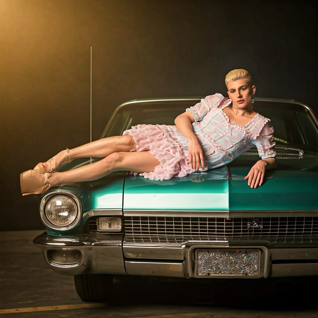 A Handsome Young Man in a Pastel Dress on a Vintage Car Hood