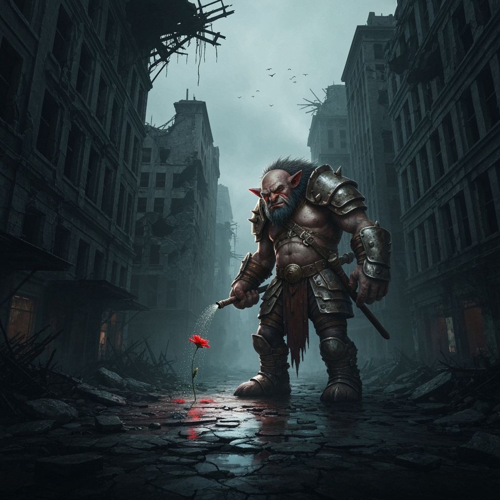 Troll Warrior Waters Flower in Dark Surreal City