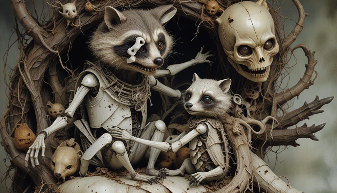 Vintage Doll with Raccoon Face in Eerie Psychedelic Art Styl...