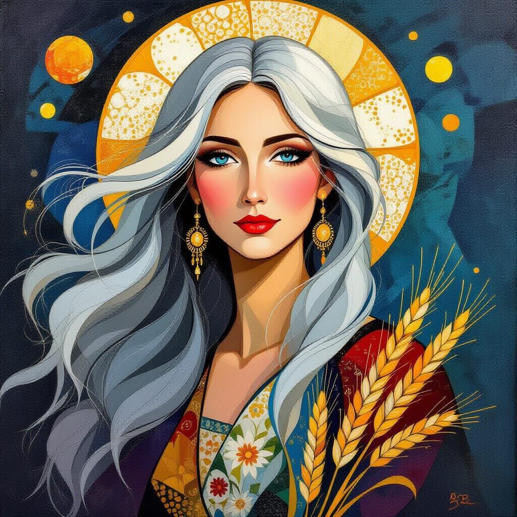 Bulgarian Wheat Goddess with Gray Hair in Abstract Style