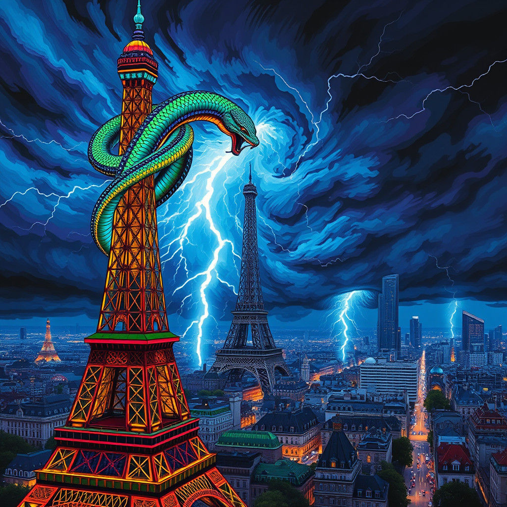 Multi-Headed Serpent Coils Around Eiffel Tower