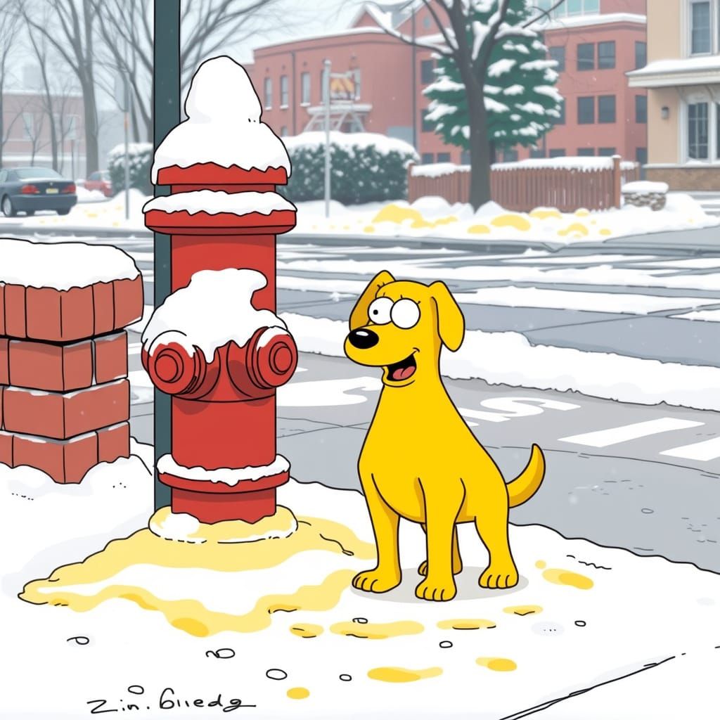 Homer Simpson Dog on Snowy Sidewalk
