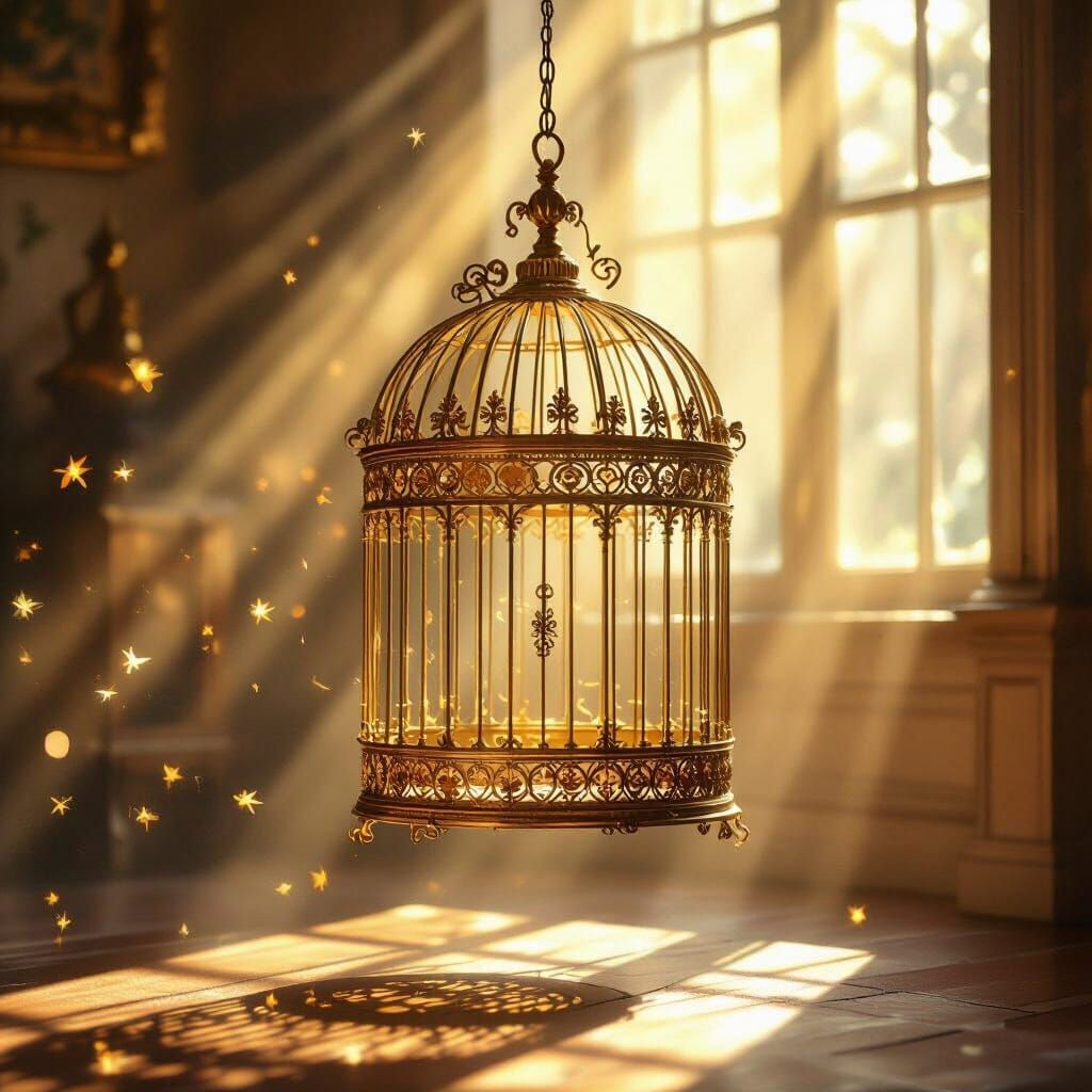 Ornate Golden Birdcage in Sunlit Room
