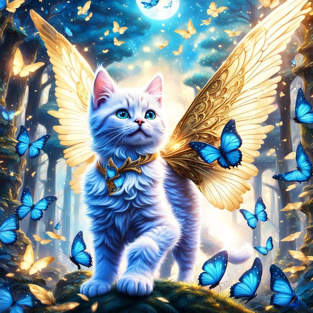Golden-Winged Kitten Soaring in Enchanted Forest