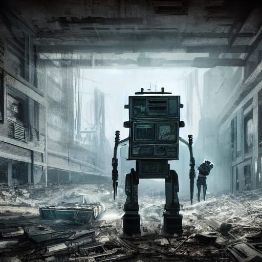Dystopian Robot in Post-Apocalyptic Cityscape