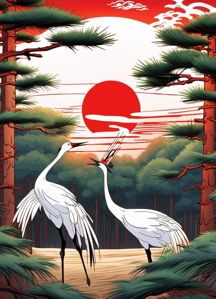 Japanese Crane in Pine Forest: Anime Concept Art