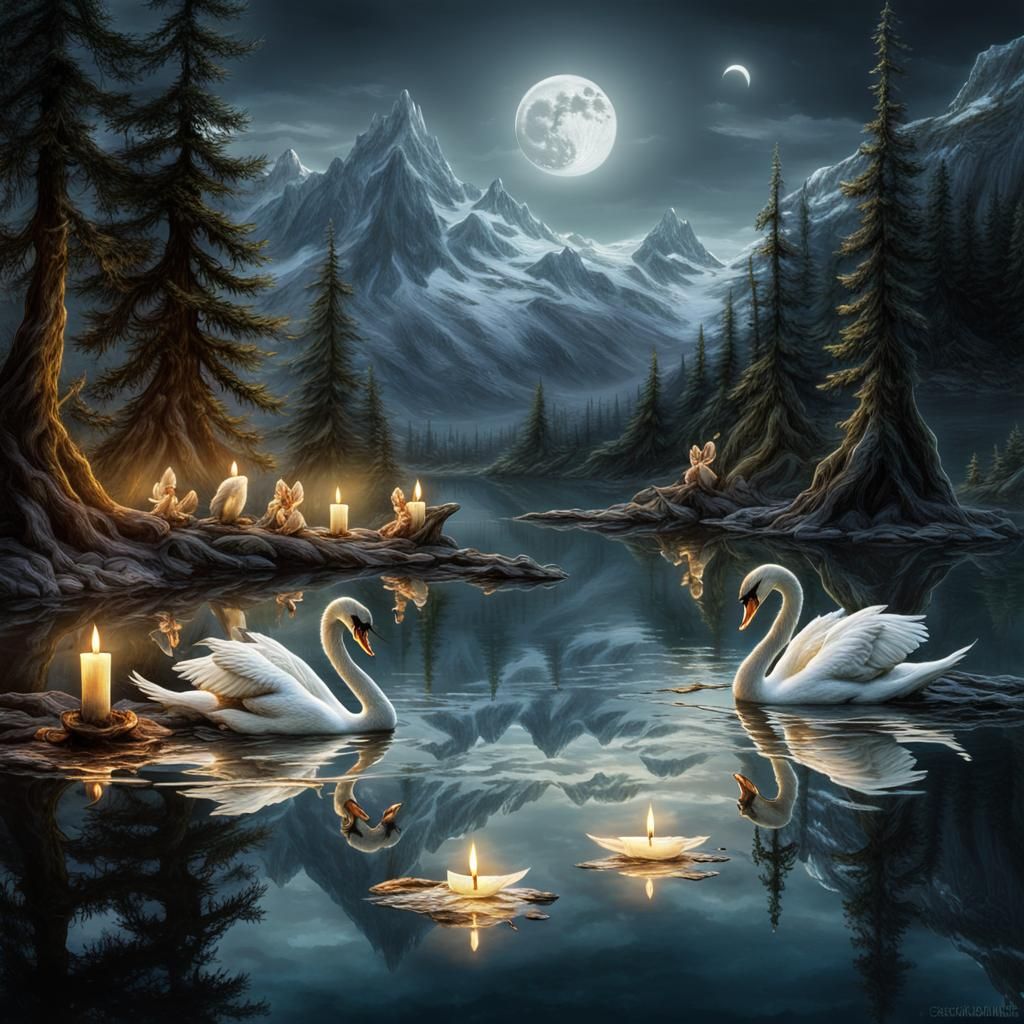 Fairies Dancing on Mountain Lake with Swans