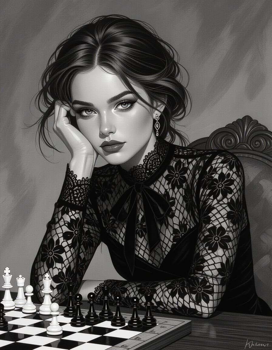 Monochrome Portrait of Woman at Chessboard