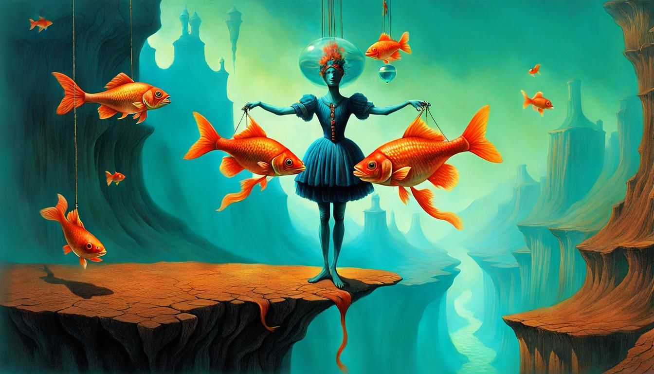 Surreal Alien Tightrope Walker in Fantasy Landscape