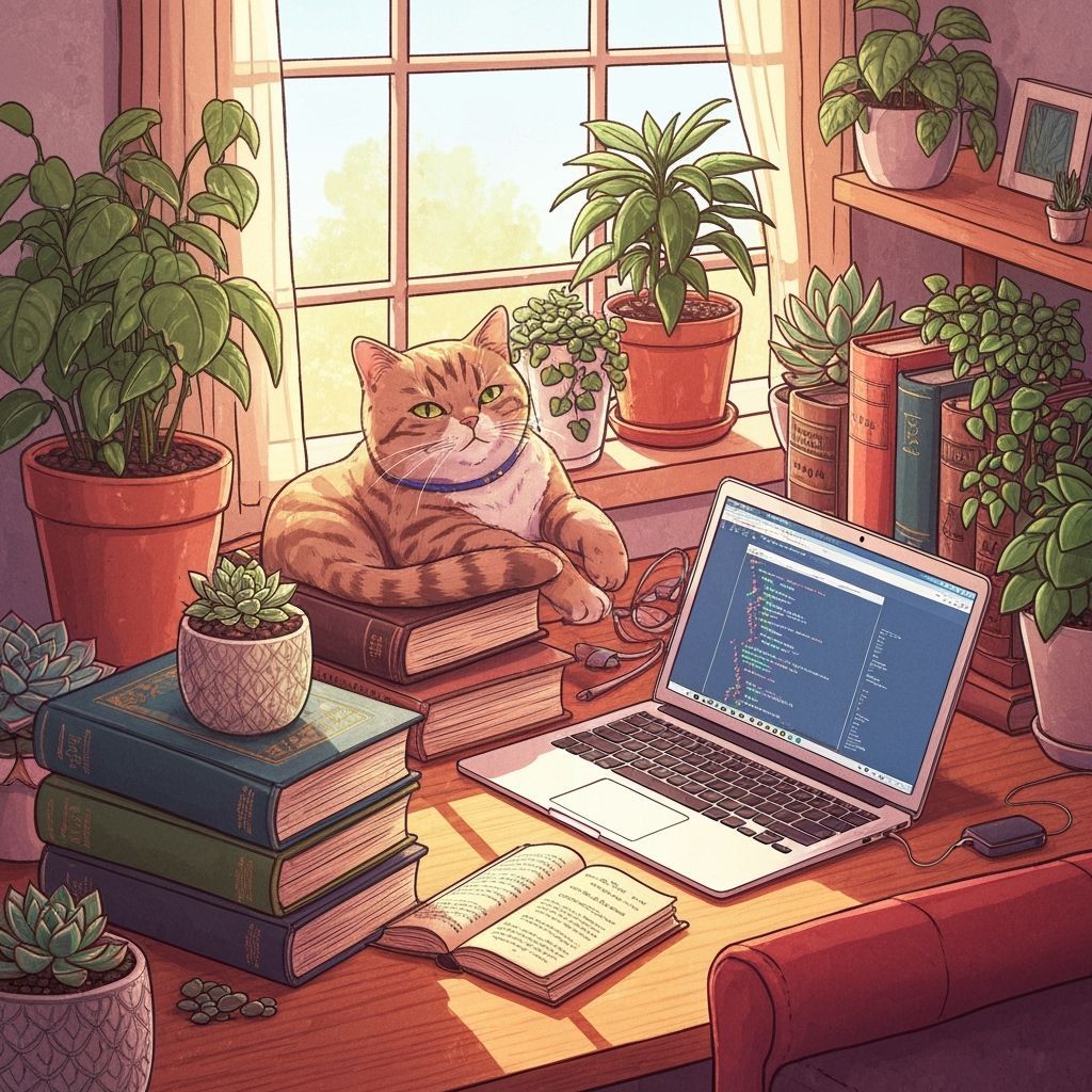 Millennial Cat in Cozy Hygge Workspace, Wes Anderson Style